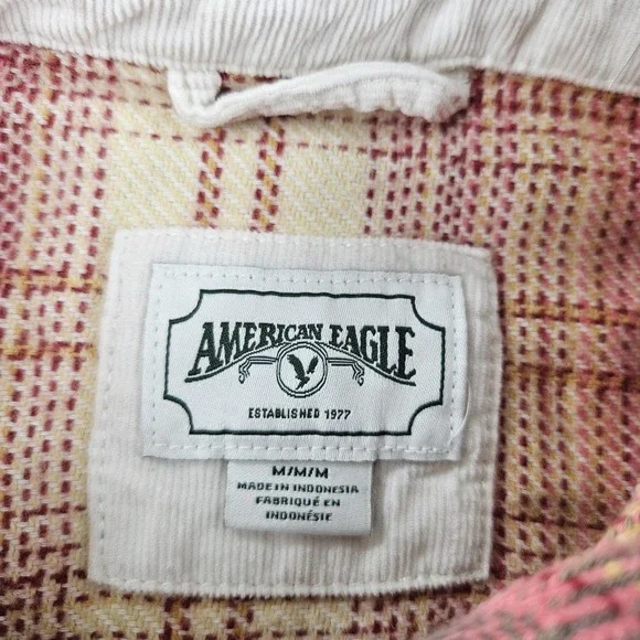 American Eagle Outfitters Shirt Mens Medium‎ Gray Beige Plaid Flannel Button Up - Picture 7 of 16